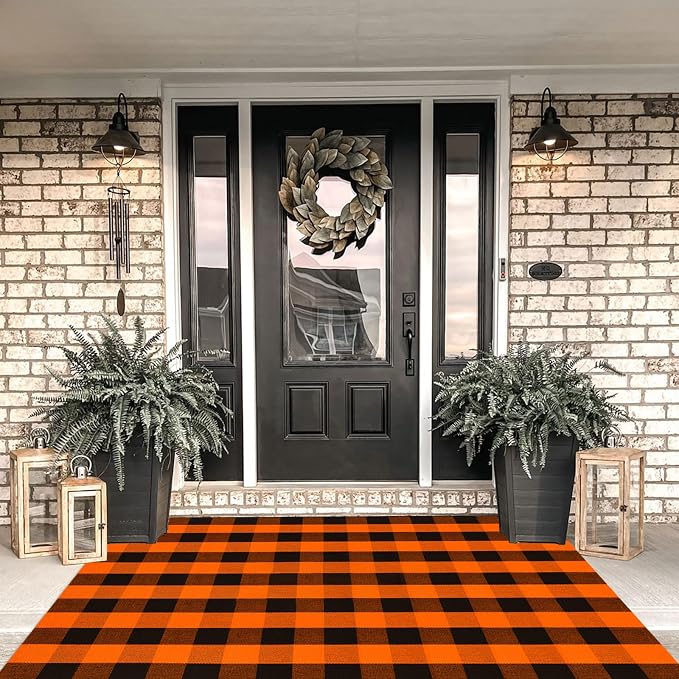 Buffalo Plaid Outdoor Rugs, 4' x 6' Orange and Black Checkered Indoor/Outdoor Area Rug, Layering Rug for Hello/Welcome Door Mat, Washable Cotton Woven Farmhouse Mat for Fall Front Porch Décor