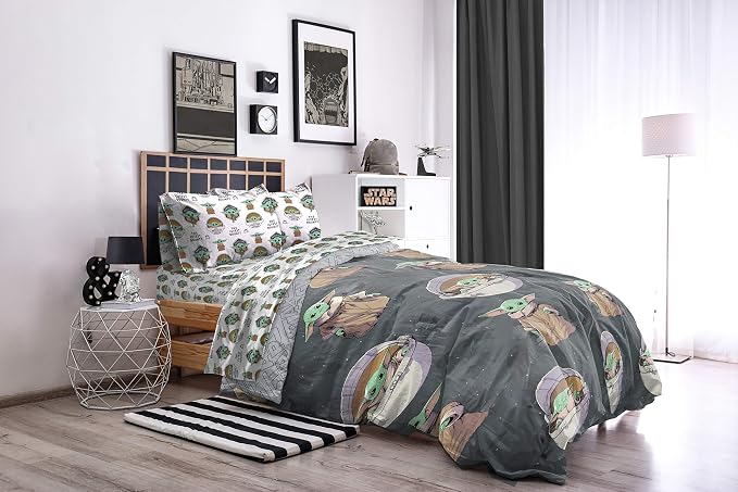 Star Wars Mandalorian Grogu Queen Comforter Set 5 Piece Bedding, Gray | Baby Yoda, Comforter Sheets Pillowcases, Official Product, Soft Microfiber, Machine Washable, Easy Care, Kids Gift