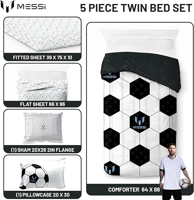 Messi Twin Comforter Set 5 Piece Kids Sports Bedding for Boys, White | Bed in a Bag, Comforter Sheets Sham Pillowcase, Official Brand, Soft Microfiber, Machine Washable, Easy Care, Boys Gift
