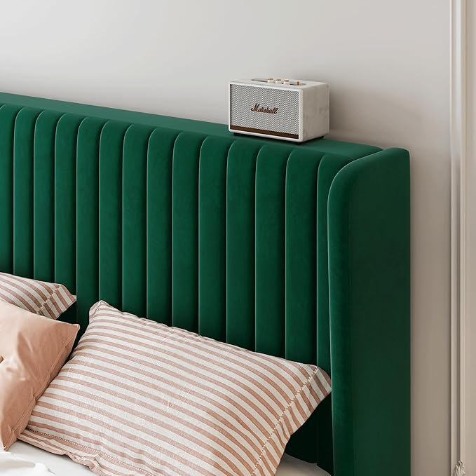 SHA CERLIN King Size Velvet Bed Frame, Tufted Wingback Headboard, Green | 47'' Modern Vertical Channel Headboard, Upholstered Platform Bed, Wood Slats, No Box Spring Needed, Easy Assembly, Noise Free