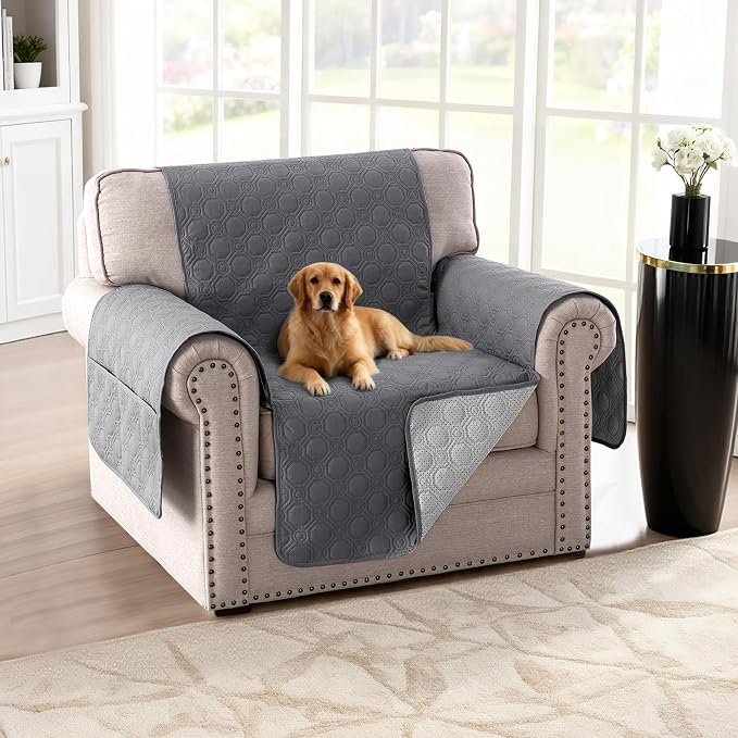 H.VERSAILTEX 100% Waterproof Chair Covers Armchair Triple Non-Slip Chair Covers for Living Room with Storage Pocket Washable Couch Protector for Dogs(Chair, Grey)