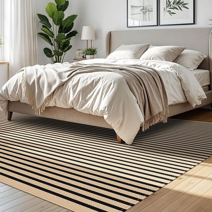 IOHOUZE Striped Area Rug 8'x10' Indoor Outdoor Rug, Washable Area Rug for Living Room, Large Patio Rug, Cotton Striped Rugs for Patio Living Room Bedroom, Tan/Black