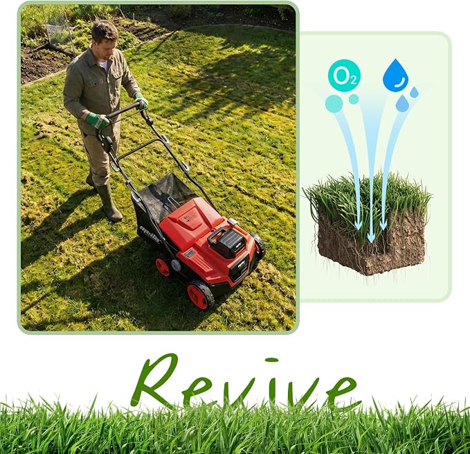 Cordless Dethatcher and Scarifier Compatible with Milwaukee 18V Battery | Tool Only, 15" Electric Brushless Lawn Dethatcher, Dual Battery Powered, Air Boost Technology, 12-Gal Collection Bag,5 Depths
