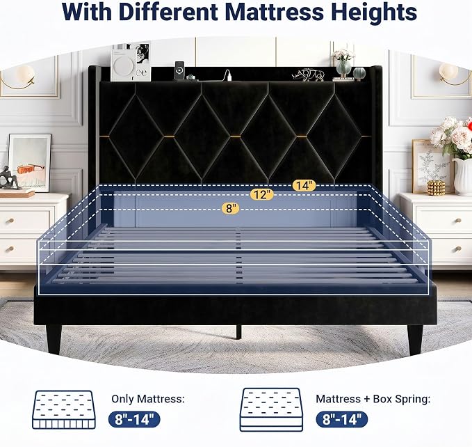 Allewie Queen Bed Frame with Storage Headboard & Charging Station | Diamond Tufted Design & Gold Trim, Velvet Upholstered Platform Bed, No Box Spring Needed, Easy Assembly, Noise-Free, Black