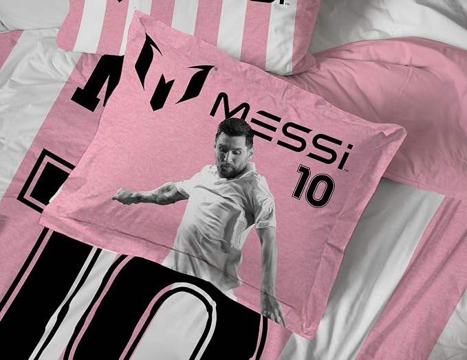Jay Franco Messi Full Comforter Set 7 Piece Soft Kids Sports Bedding, Pink | Bed in a Bag, Comforter Sheets Shams Pillowcases, Official Product, Soft Microfiber, Machine Washable, Kids Gift