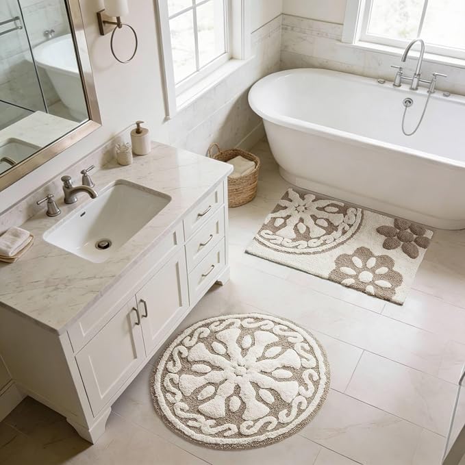 Madison Park Casablanca Tufted Cotton Bath Rug Non-Slip, Round 25", Taupe | Luxurious Plush Bath Mat, Quick Dry, Soft, Machine Washable, Floral Pattern, Absorbent, Plush, OEKO-TEX, for Bathroom