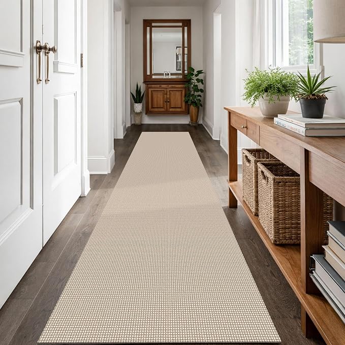 IOHOUZE Washable Runner Rug 2.6x12 Non Slip Rubber Backed Extra Long Hallway Runner Entryway Runner Indoor, Kitchen Rugs Woven Cotton Floor Carpet for Hall Entrance, Cream/Beige