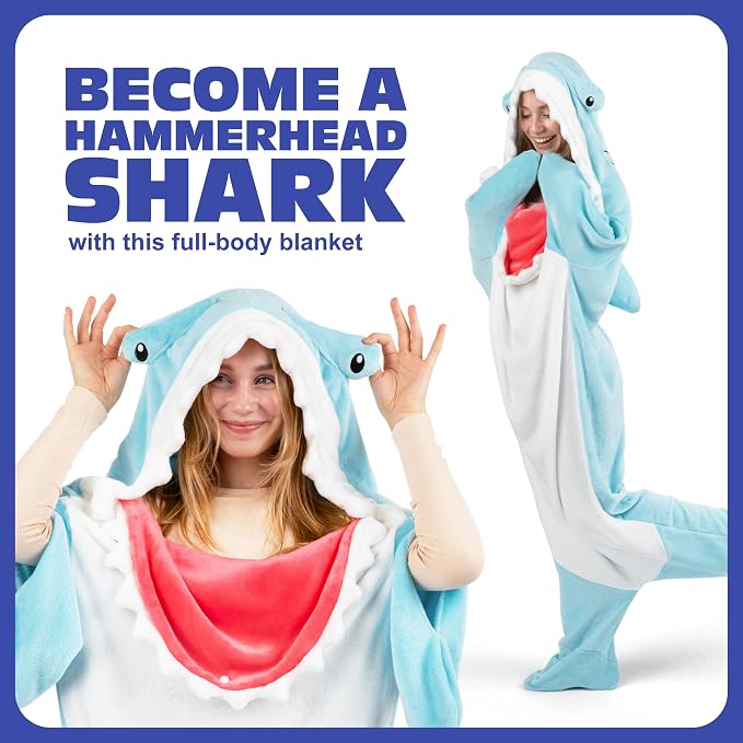 Cozy Concepts Co. Hammerhead Shark Blanket by Relatable, Wearable Blanket with Sleeves for Hands Free Convenience, Fun and Unique Idea for Room Decor or Gifts, Comfortable Oversized 65" Throw Blanket