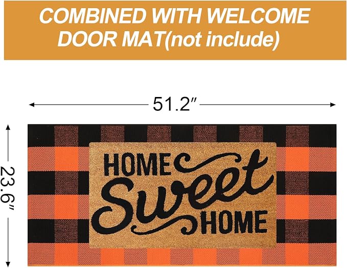 Collive Buffalo Plaid Checkered Outdoor Rug, Black and Orange Halloween Fall Decor Door Mat, 2x4.3 Front Porch Rug, Washable Cotton Welcome Mat Layered Doormat Outside Entrance for Kitchen Entryway