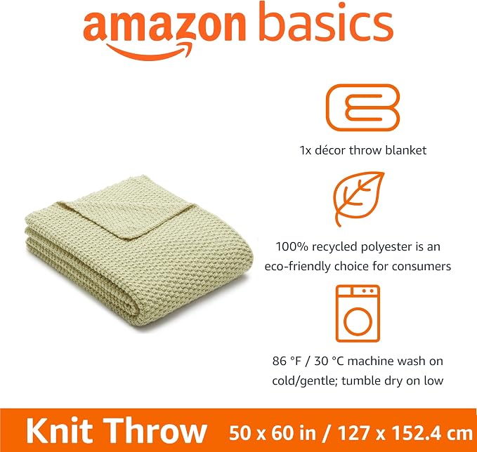 Amazon Basics Chunky Cable Knit Throw Blanket for Couch, Sofa, Bed, Lightweight Soft Cozy, 50" x 60", Sage Green