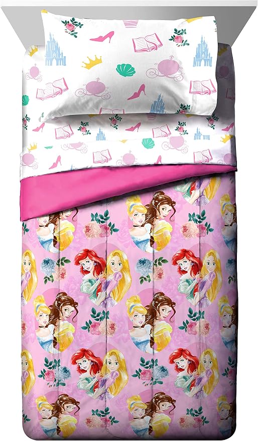 Disney Princess Twin Comforter Set 4 Piece Kids Bedding for Girls, Pink | Bed in a Bag, Comforter Sheets Pillowcase, Official Product, Soft Microfiber, Machine Washable, Easy Care, Girls Gift