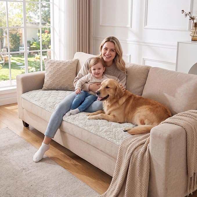 H.VERSAILTEX Chenille Couch Cover for Dogs Washable Soft Large Sofa Covers Sectional Sofa Cover Heather Blending Non-Slip Thick Couch Protector Dog Pet Bed Covers(Heathered Ivory, 28" x 83")