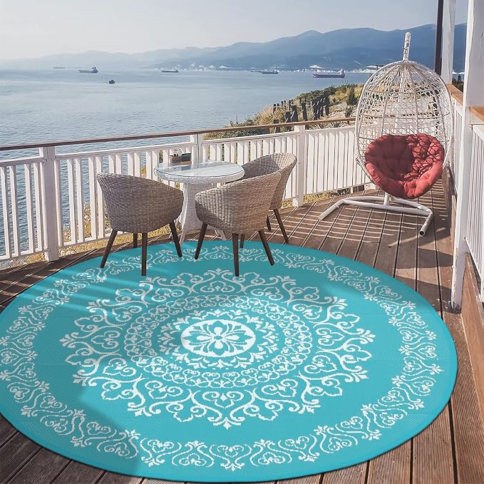 Pauwer Waterproof Outdoor Rug 6ft, Reversible Plastic Straw Patio Camping Rug, Indoor Outdoor RV Mat Carpet for Deck, Camper, Porch, Balcony, Backyard, Picnic, Floral Teal | Reversible Patio Rug, UV Resistant Indoor Outdoor RV Mat Carpet For Deck, Camp...