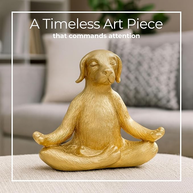 Meditating Dog Decorative Figurine – Zen Yoga Decor & Sculpture Accent – Polyresin Figurines & Sculptures Home Decor for Office, Bedroom, Living Room – 7" x 6", Gold