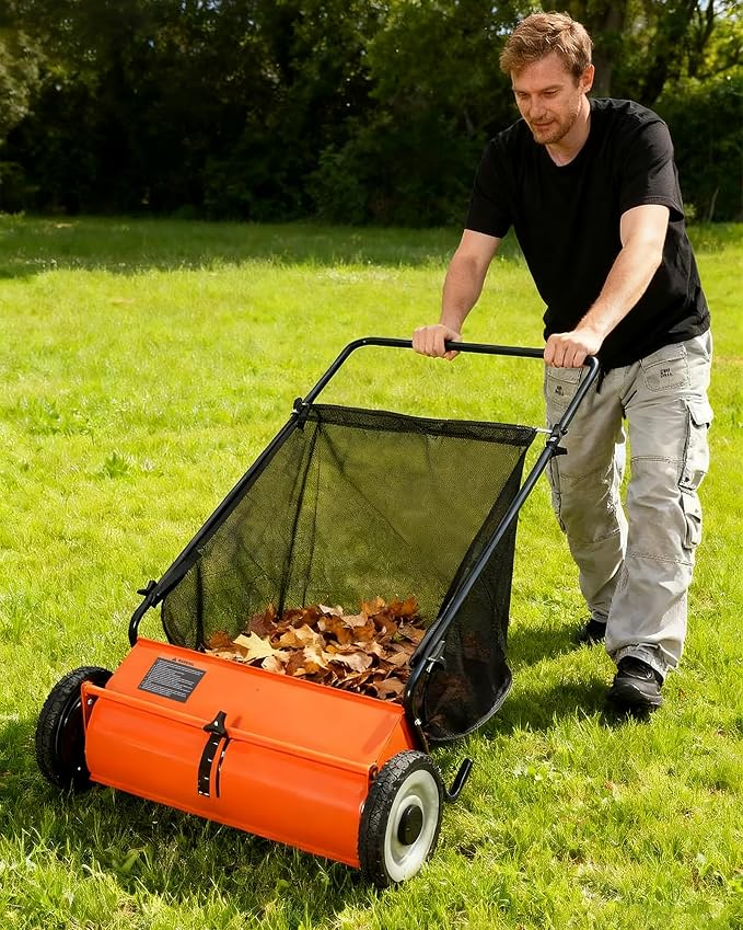 Push Lawn Sweeper for Leaves, 26" Width Heavy Duty Steel Frame Grass Catcher with 7 Cu. Ft. Hopper Bag & 4 Spinning Brushes for Yard and Garden Cleanup, Orange
