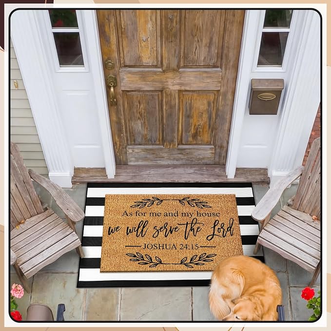Moucuny 2 Pcs Christian Door Mat 24'' x 35'' Black and White Striped Outdoor Rug 16'' x 28'' as for Me and My House We Will Serve the Lord Non Slip Welcome Coir Mat for Front Decor