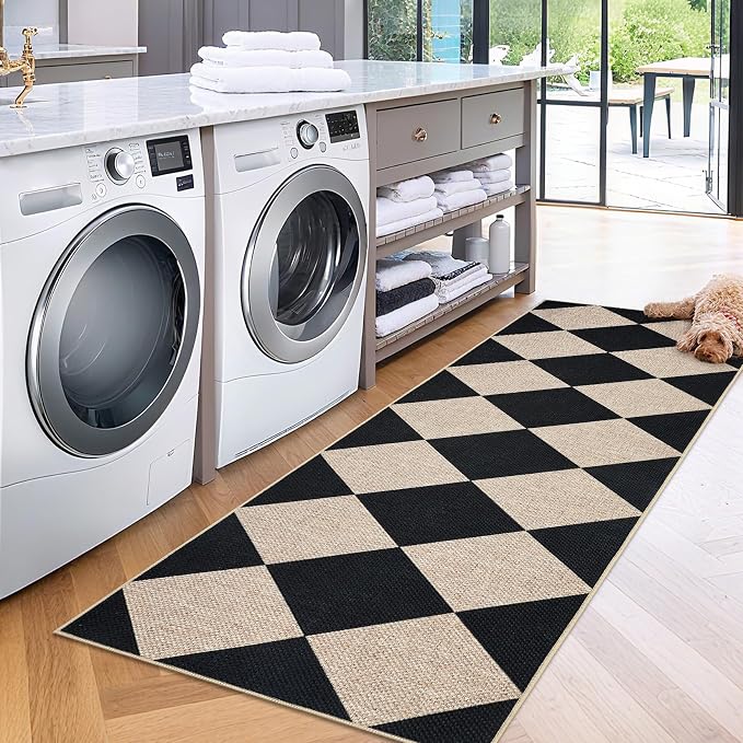 GarveeHome Easy Jute Rugs 2x8 Checkered Kitchen Runner Rugs Non Skid Washable Stain Resistant Indoor Outdoor Rugs for Living Room, Bedroom, Dining, Patio - Farmhouse Style Black