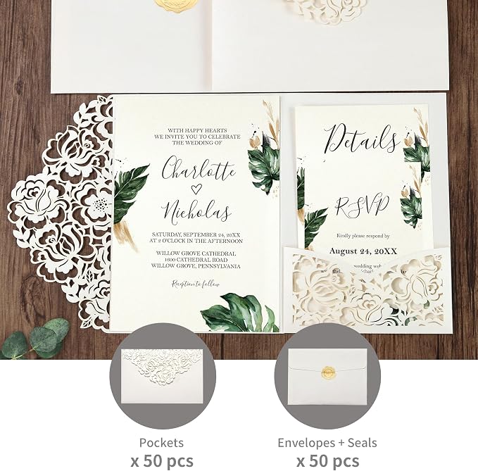 DORIS HOME Laser Cut Wedding Invitation Pockets, Ivory White, 5"x7" | 50pcs, With Envelopes, For Wedding & Anniversary, No Inserts Included