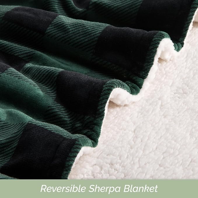 Elegant Comfort Ultra Soft Reversible Buffalo Plaid Flannel Sherpa Blanket - Cozy Silky Checkered Fleece Throw for Couch, Bed - Plush Fuzzy Warm Winter Blanket for Gift, Twin, Green