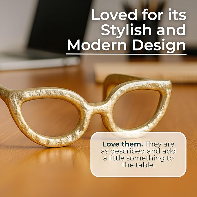 Cateye Glasses Decorative Object – Aluminum Sculpture Modern Home Decor Ornament – Shelf Styling & Coffee Table Decor for Bathroom, Office & Living Room – 7"x3", Gold