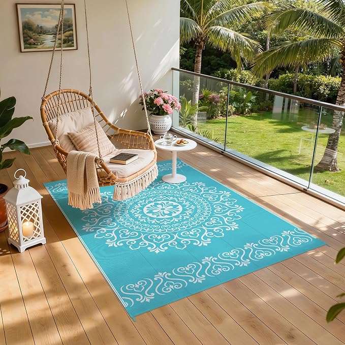 Pauwer Outdoor Rug 5x8, Waterproof Plastic Straw Camping Rug, Floral Teal | Reversible Patio Rug, UV Resistant Indoor Outdoor RV Mat Carpet For Deck, Camper, Porch, Balcony, Backyard, Picnic, Foldable