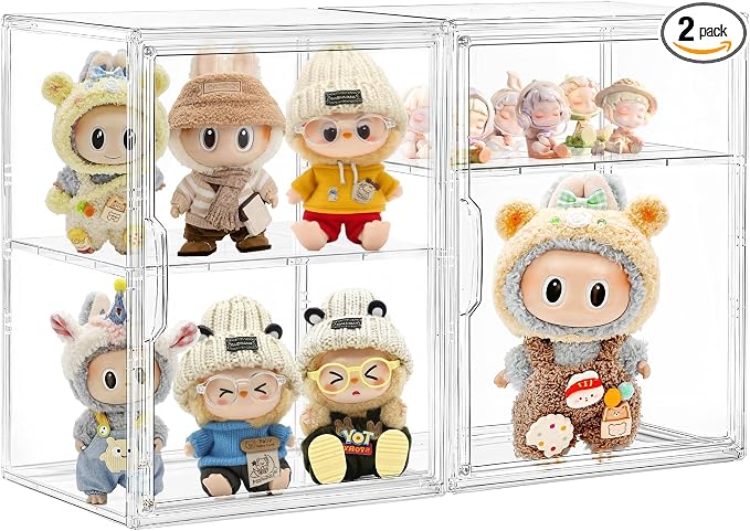 Attelite Acrylic Display Case for Collectibles 3 Adjustable Layers 2Pack | Easy Assembly, Clear Display for Figures,2 Tier Clear Storage Bin, Stackable Acrylic Box, Magnetic Door,Dustproof