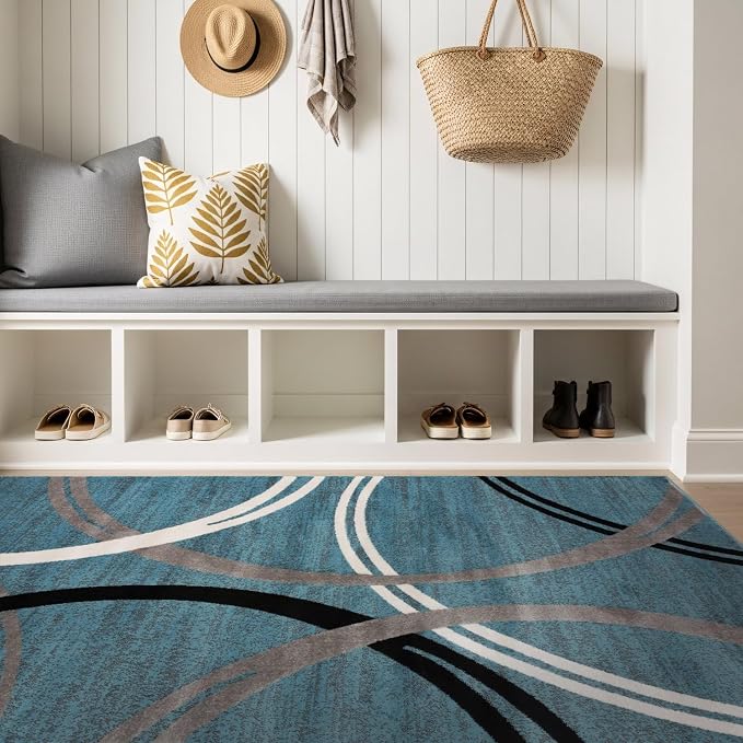 Rugshop Wavy Circles Modern Fade-Resistant Area Rug Blue 5'3" x 7'3" | Rectangular, Size 5'3" x 7'3", Living Room, Bedroom, Dining Room, Home Office, Kitchen, Entryway, Hallway, Nursery, Kids Room