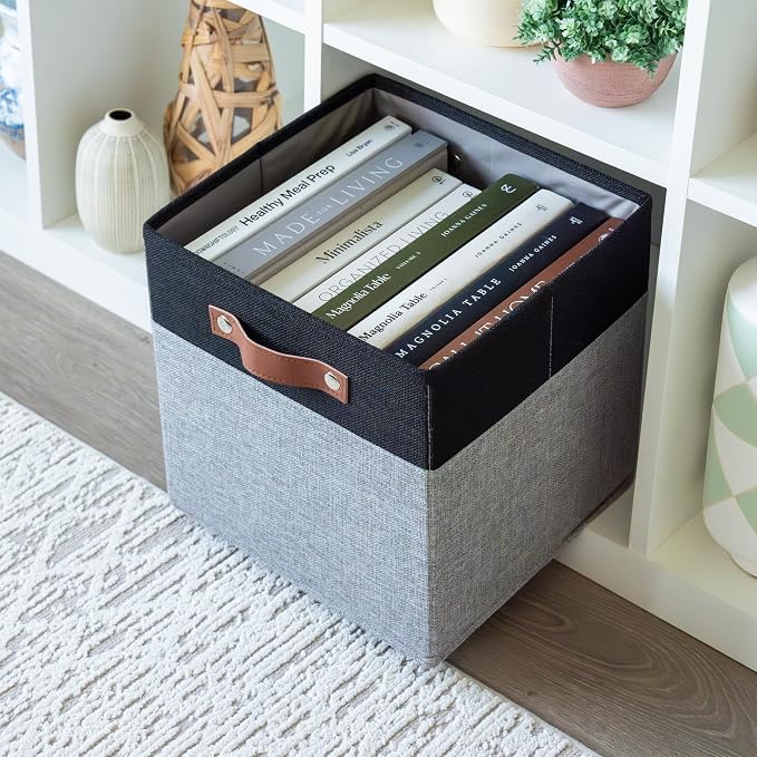 OrganiHaus 11x11 Cube Storage Bins, Set of 4 - Fabric Storage Cubes | Sturdy, holds its shape; odor-free; fits ClosetMaid 11-inch shelves; vegan leather handles