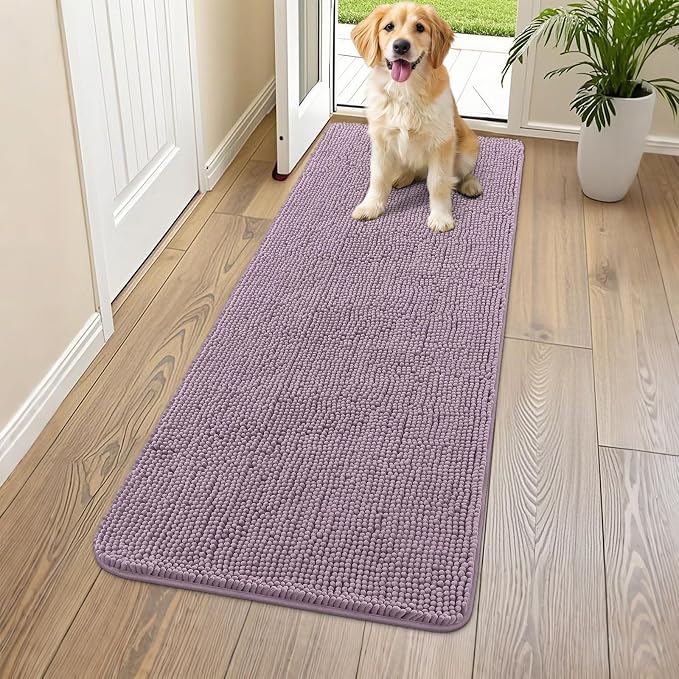 Smiry Dog Door Mat for Muddy Paws 59x24, Absorbent Dirt Trapper, Non-Slip Washable Chenille Entryway Rug for Inside Floor, Deep Plum, Classic Solid