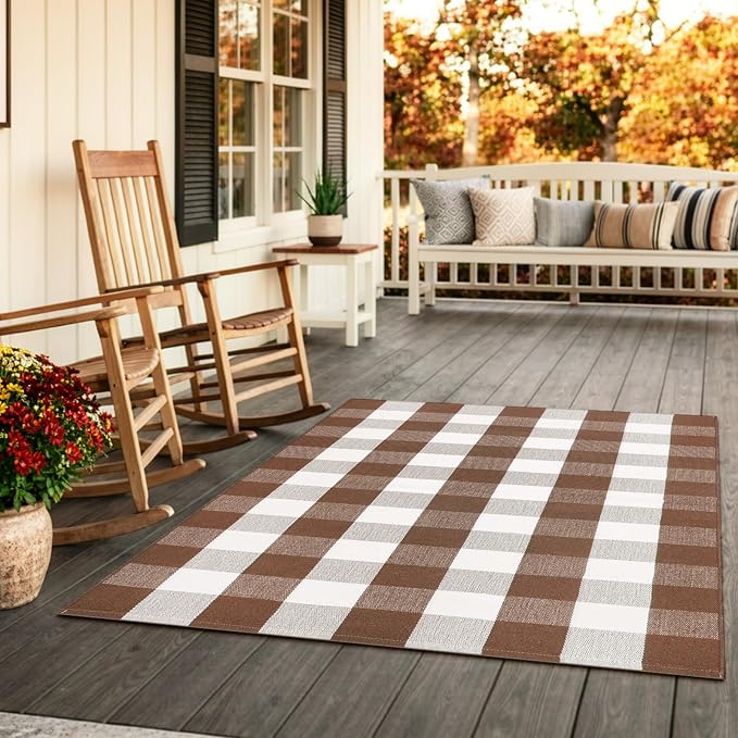 Uphome Bufflo Plaid Outdoor Rug 3'x5', Fall Decor Checkered Front Door Mat, Indoor Outdoor Farmhouse Cotton Porch Rug for Layered Door Mats, Washable Brown Area Rugs for Patio Entryway Kitchen