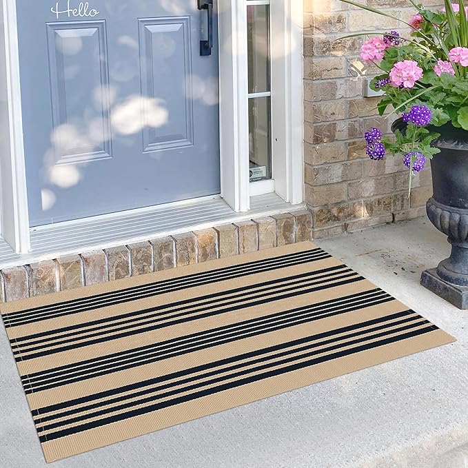 KILOCOCO Striped Rug 2.3'x3.6' Indoor Outdoor Rugs Front Door Mat, Brown | Cotton Washable Striped Front Porch Rug, Woven Layered Doormats, Welcome Mat for Entryway, Low Pile Kitchen Rugs