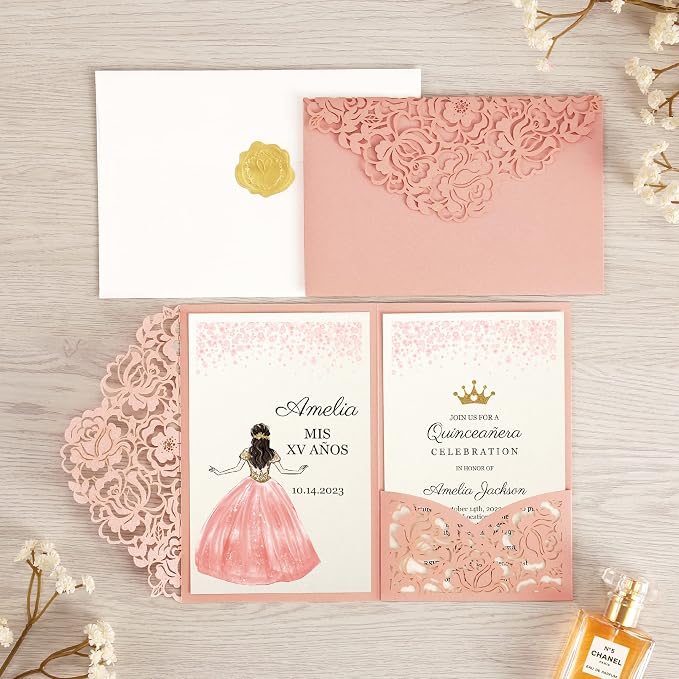 DORIS HOME 50Pcs Personalized Laser Cut Quinceanera Invitations, Pink | 4.7"x7.1", Customized Quince Invitations, For 15th Birthday, Sweet 16, With Envelopes