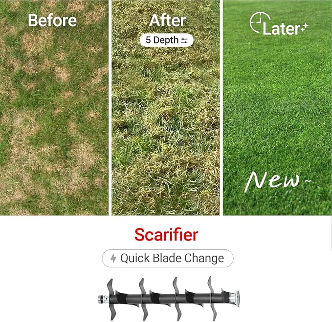 Cordless Dethatcher and Scarifier Compatible with Milwaukee 18V Battery | Tool Only, 15" Electric Brushless Lawn Dethatcher, Dual Battery Powered, Air Boost Technology, 12-Gal Collection Bag,5 Depths