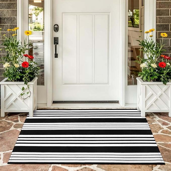 OJIA Front Door Mats 27.5"x43" Black and White Outdoor Rugs Porch Decor | Cotton Woven Front Door Rug Striped Area Rug Machine Washable Layered Doormats for Farmhouse/Kitchen/Entryway/Patio Decor