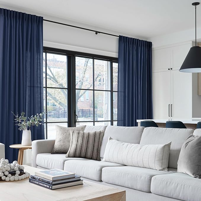 Navy Blue Curtains 120 inch Length for Bedroom Back Tab Light Filtering Semi Sheer Blue Living Room Curtains Linen Cotton Textured Indigo Blue Drapery Panel Modern Aesthetic Decor 42" Wx120" L