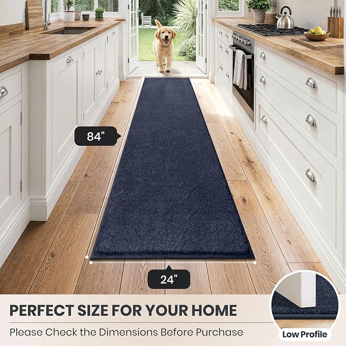 PURRUGS Dirt Trapping Door Mat 24" x 84", Non-Slip Machine Washable Entryway Rug, Dog Doormat, Indoor Front Door Mat, Super Absorbent Entry Rug for Muddy Shoes & Paws, Navy Blue