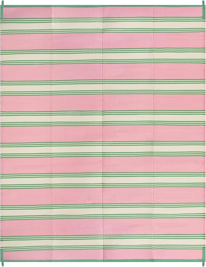 Lahome Striped Outdoor Rug 8x10 Patio Waterproof, Reversible Outdoor Plastic Straw Rug for Camping, RV Patio Rugs Outside Large Carpet for Porch Deck Backyard Picnic(Pink/Green,8'x 10')