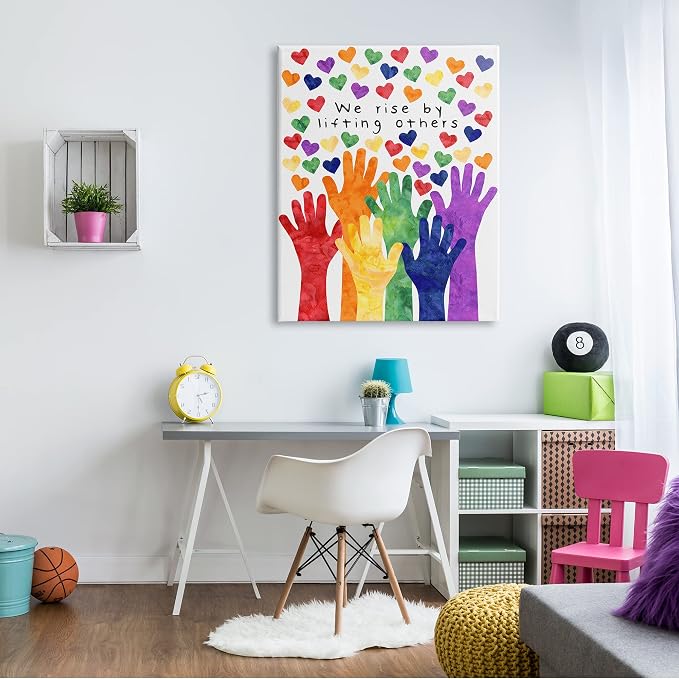 Rainbow Hand Hearts Affirmation, 36 x 48 Inch Canvas Wall Art | Stupell Industries · By Erica Billups · Ready to hang · Kids room · classroom · playroom friendly · Made in USA