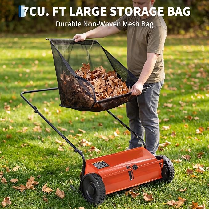 26 Inch Push Lawn Sweeper with 7 Cu ft Hopper Bag | Heavy Duty Walk Behind Leaf Collector and Yard Sweeper, Carbon Steel Push Lawn Sweeper for Garden Grass,