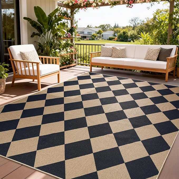 EDIMENS Checkered Easy Jute 5x7 Outdoor Rug Washable Living Room Area Rugs | Black Non Slip Outdoor Patio Rug Diamond Indoor Black Farmhouse Geometric Carpet for Backyard Front Porch Balcony