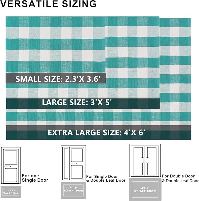 Spring Rugs Green and White Plaid, 4'x6' Area Rug Outdoor Indoor Summer Front Porch Door Mats Cotton Hand-Woven Layered Doormat for Entryway Patio Entryway Laundry Bedroom Living Room