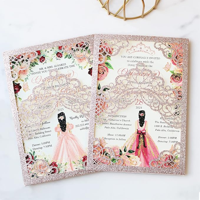Hosmsua 50PCS 5.1x7.3 Inch Blank Rose Gold Glitter Quinceanera Invitations Kit Laser Cut Floral Crown Pocket Quinceanera Invitation Cards with Envelopes for Birthday Quince Anos Invite
