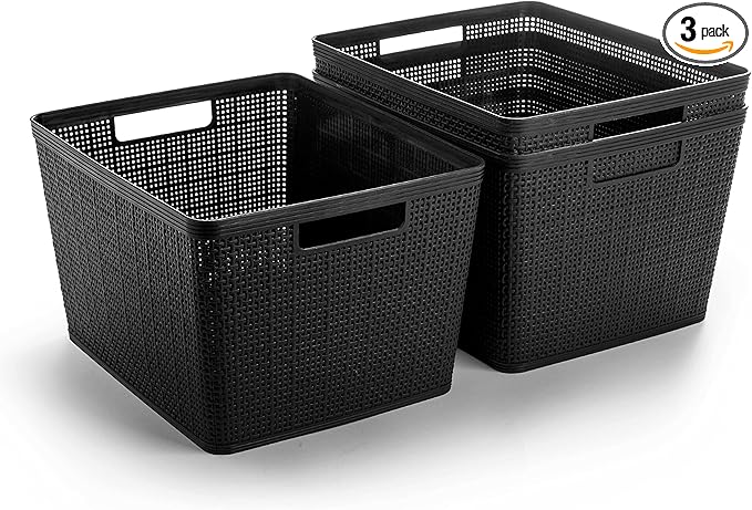 BINO | Woven Plastic Basket | Large (Black), 3-Pack | THE JUTE COLLECTION | Home Organization, Space - Saving Storage, Stylish Design | Jute Basket | Plastic Storage Basket