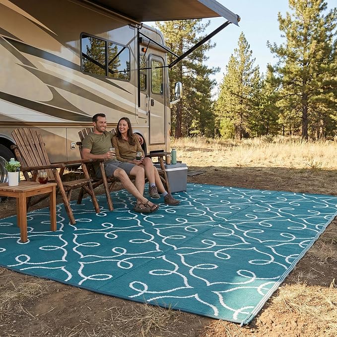 FH Home Outdoor Camping Rug - Waterproof, Fade Resistant, Reversible - Premium Recycled Plastic - Moroccan Lattice Tile - Large Patio, Deck, Sunroom, RV - Syracuse - Sea Green - 9 x 12 ft Foldable