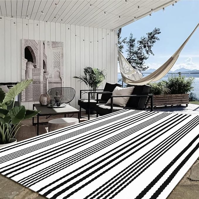 LEEVAN 5'X8' Black and White Striped Woven Cotton Reversible Outdoor Rug | Machine Washable Front Porch Rug, Entryway Door Mat, Indoor Layering Carpet for Balcony Farmhouse Laundry Patio