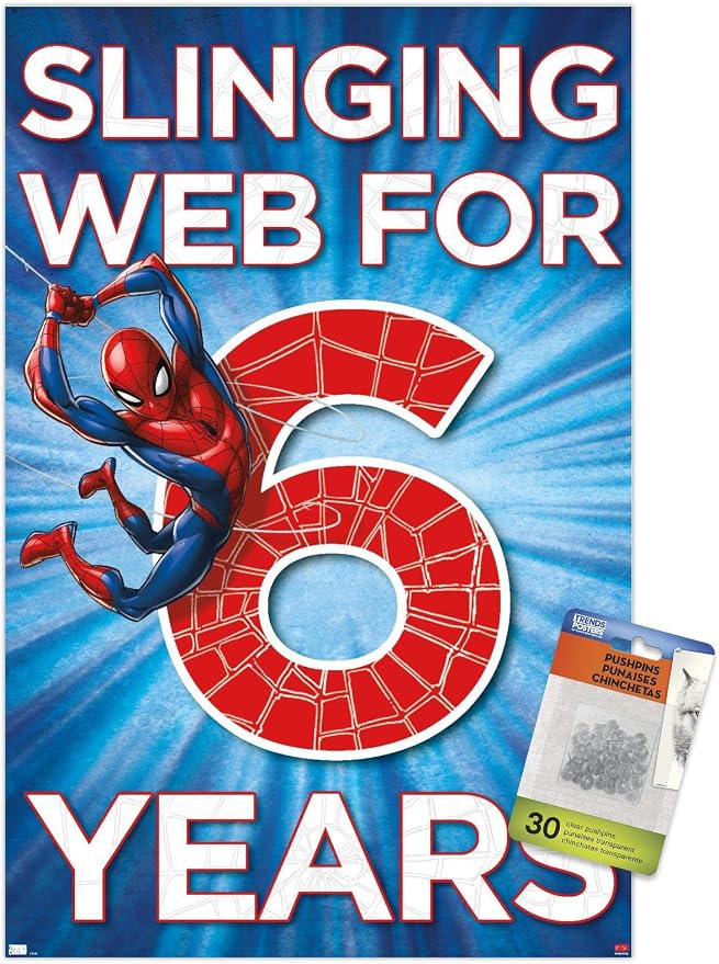 Trends International Marvel Spider-Man - Happy 6th Birthday Wall Poster, 14.72" x 22.37", Premium Poster & Push Pin Bundle