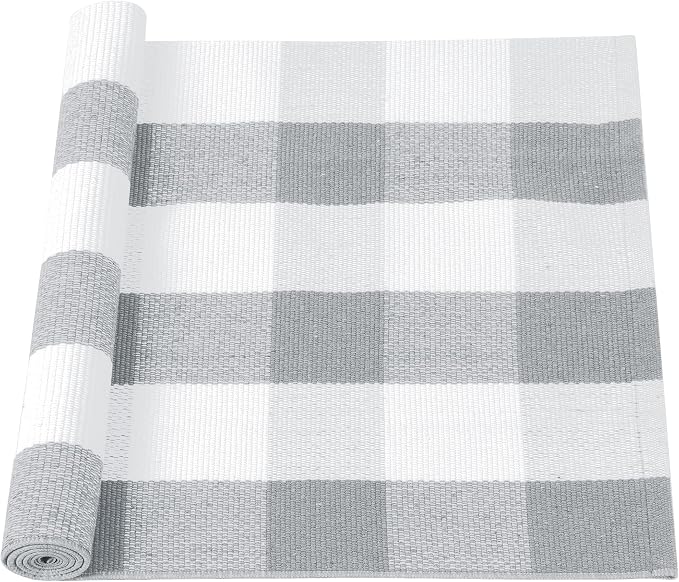 uxcell Buffalo Check Rug,Plaid Outdoor Rug,Layered Door Mat,Cotton Gingham Rugs,Floor Mat for Front Porch/Runner/Bedroom/Kitchen/Farmhouse 51"x24" Gray & White