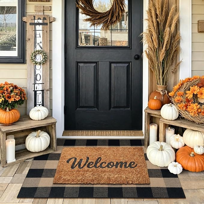 KIMODE Front Door Mat 27.5"x43",Black and Tan Checkered Outdoor Rug,Farmhouse Fall Front Porch Rug Decor,Cotton Woven Washable Layered Doormats for Front Door Outside Entrance