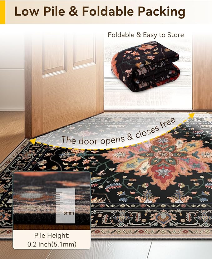 Area Rugs 2'x4' Kitchen Rugs Entry Rug Small Rugs for Entryway Kitchen Bathroom Door Mat Indoor Entrance,Washable Non Slip, Black Colorful Floral Dark Tan