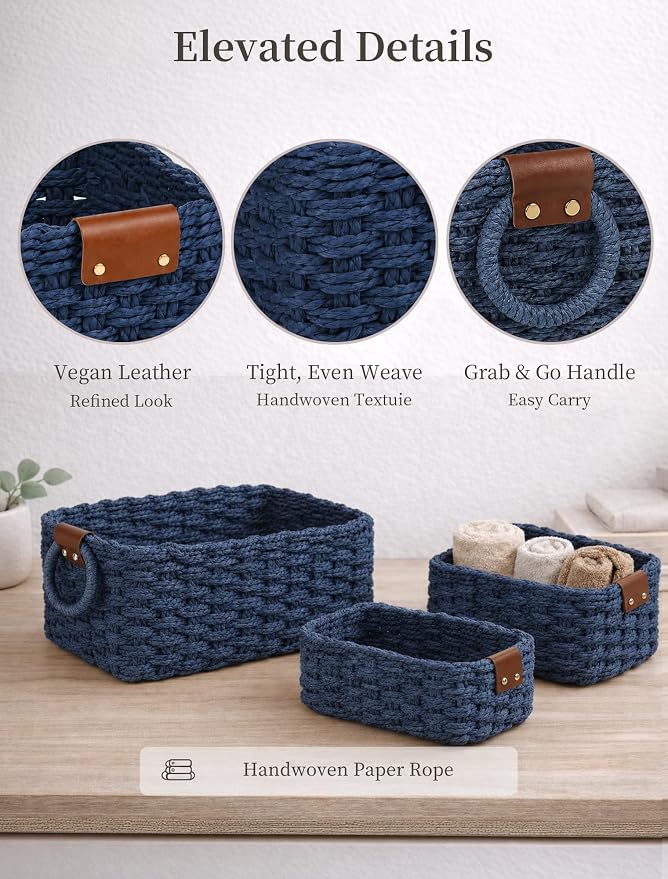 Small Wicker Baskets, 3 PCS Paper Rope Baskets for Shelves, Blue | Recycled Small Baskets, 3 Sizes Woven Baskets for Organizing, Decorative Storage Baskets for Bedroom and Bathroom